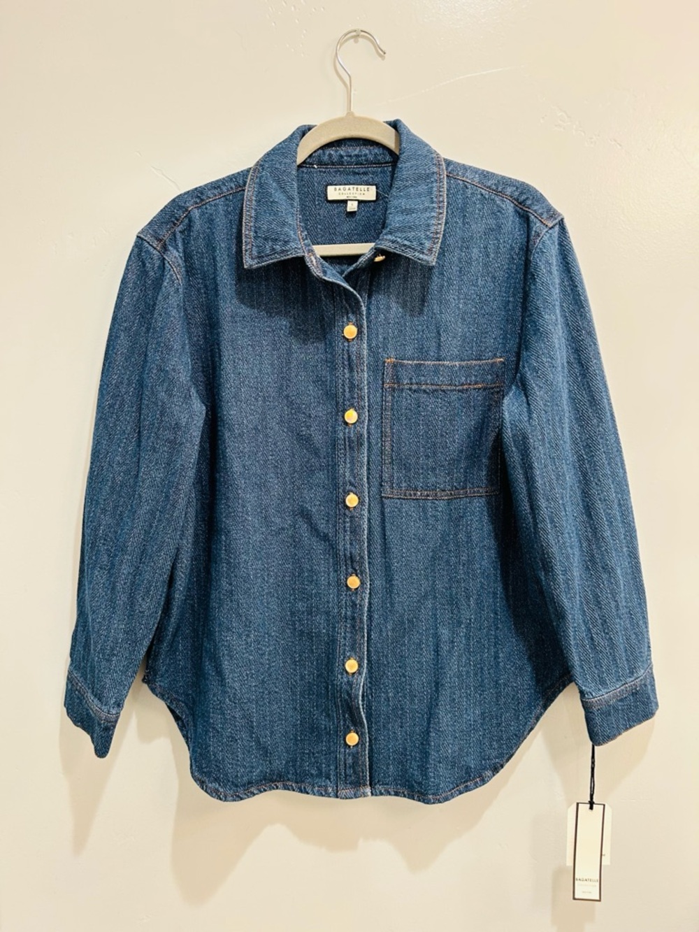 Bagatelle Denim Herringbone Shacket Jacket Blue Textured Gold Button Cotton L - Picture 2 of 12